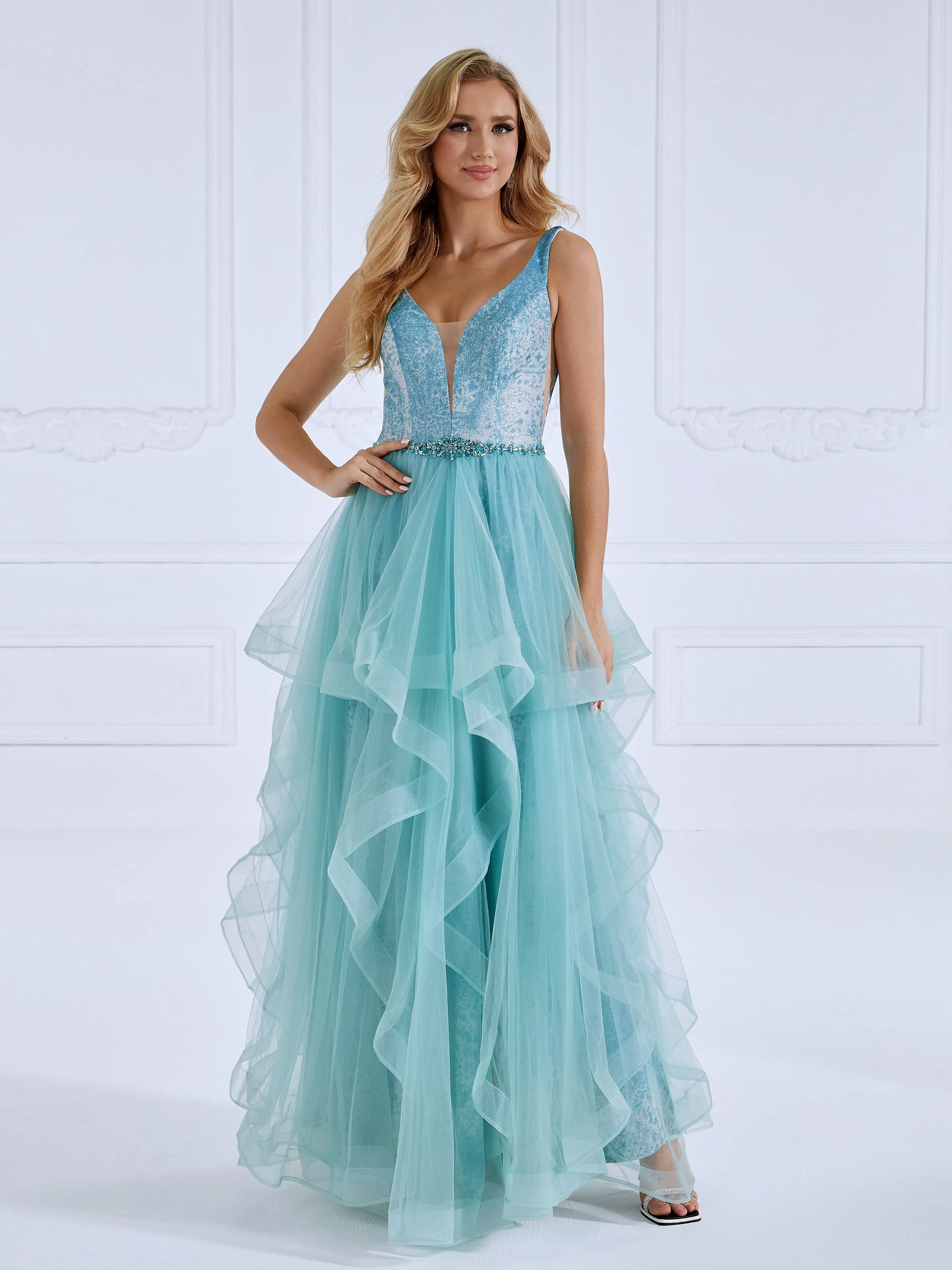 Princess A Line V Neck Floor Length Tulle Prom Dresses #LT025