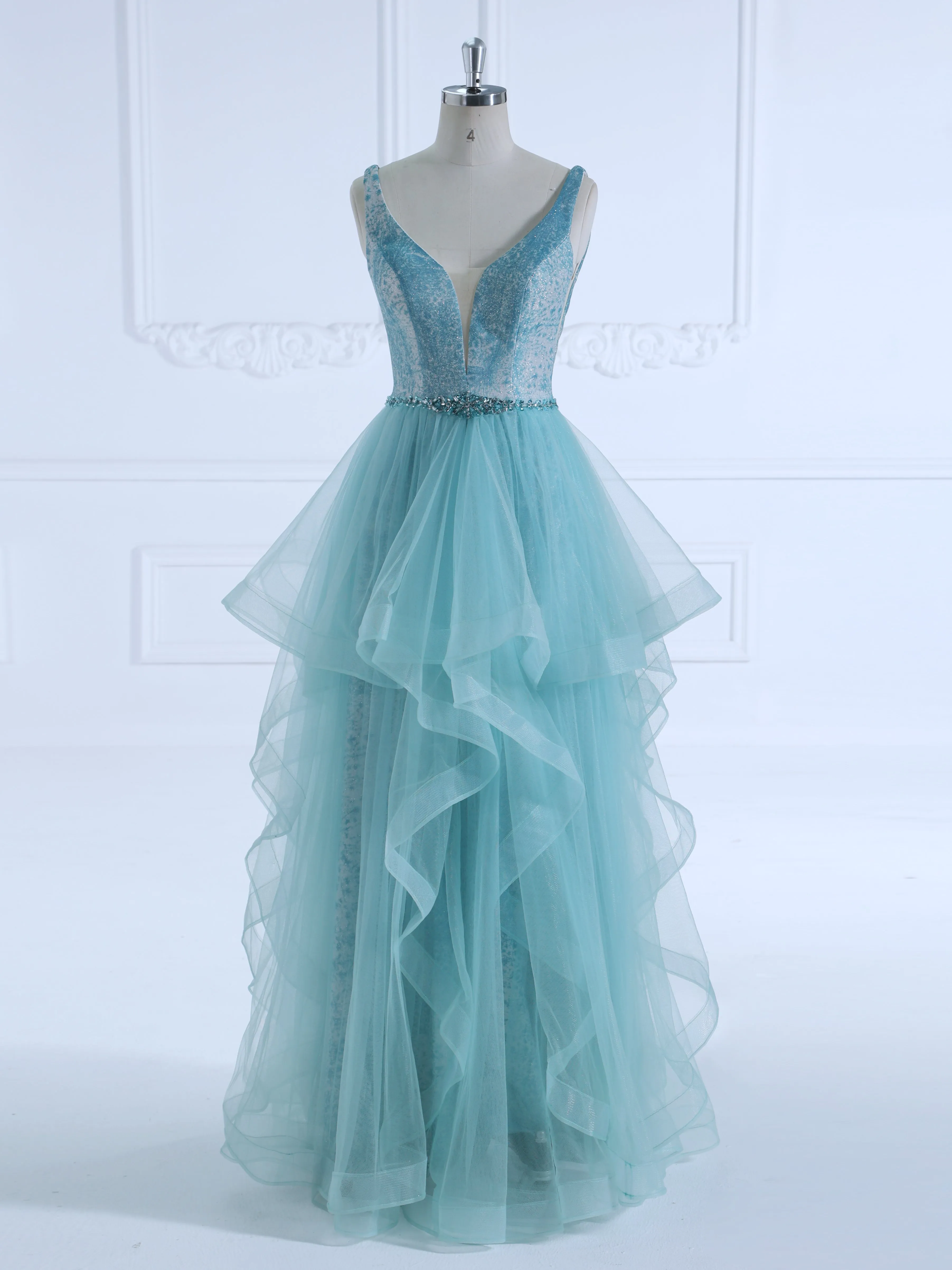 Princess A Line V Neck Floor Length Tulle Prom Dresses #LT025