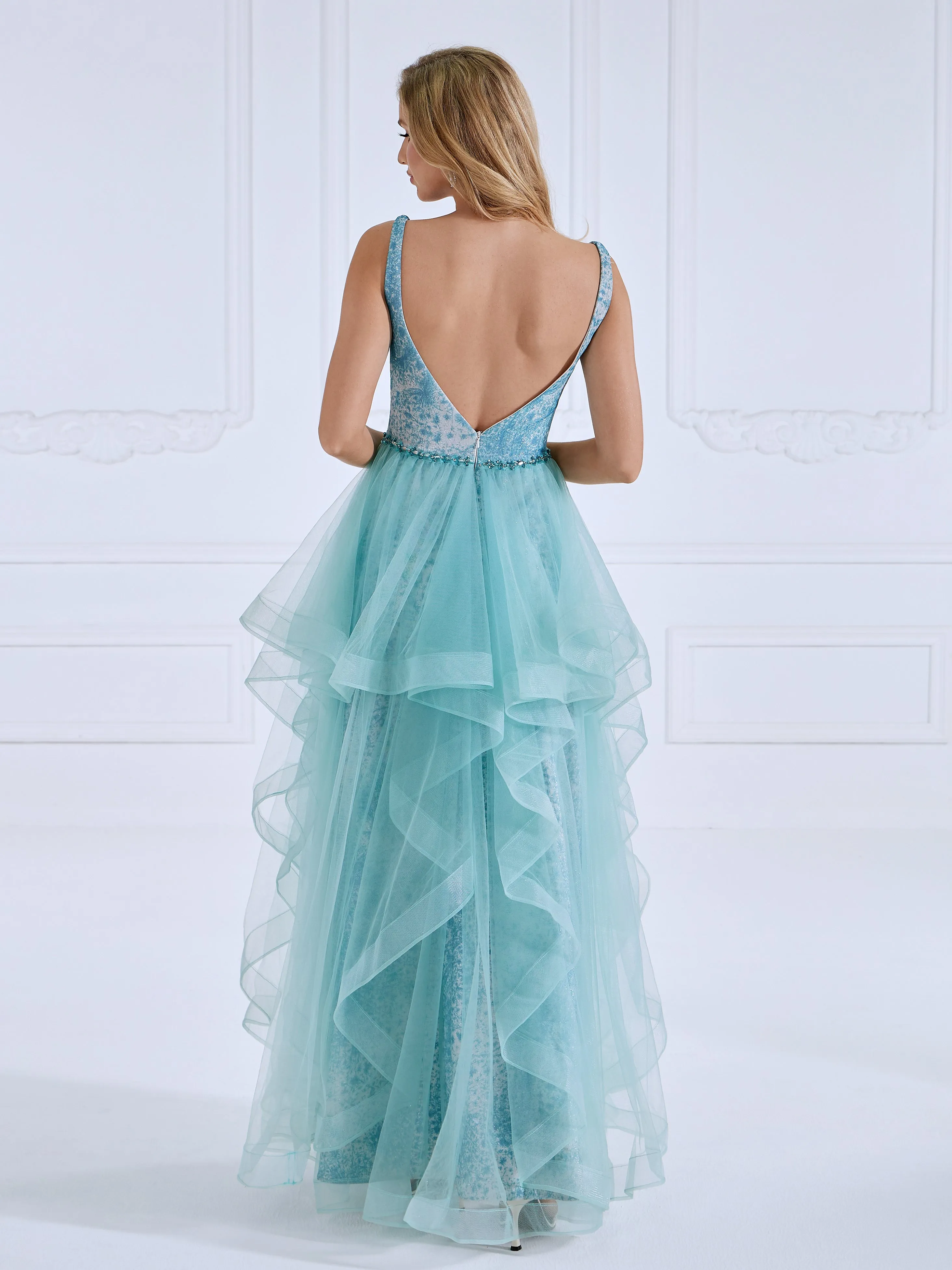 Princess A Line V Neck Floor Length Tulle Prom Dresses #LT025