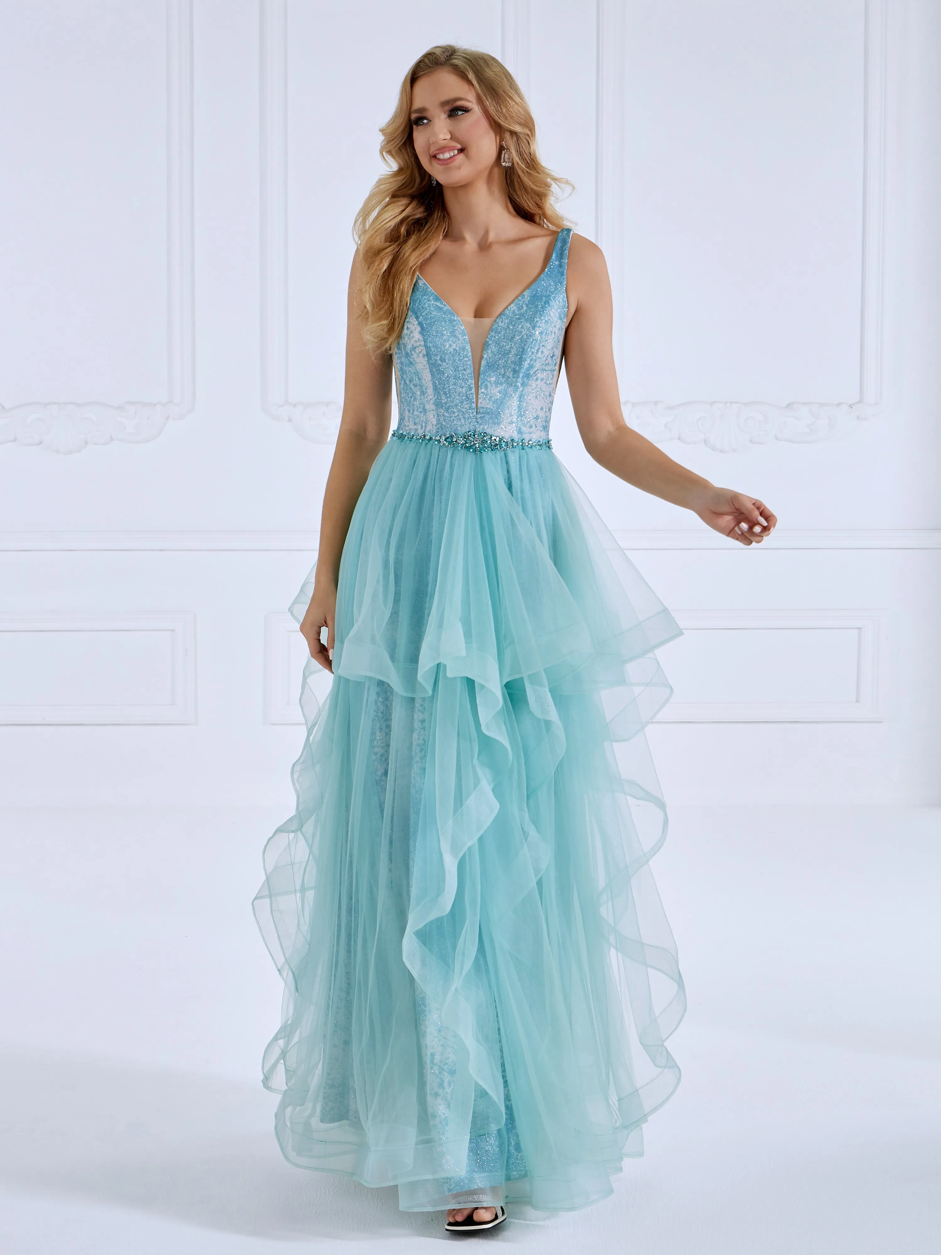 Princess A Line V Neck Floor Length Tulle Prom Dresses #LT025