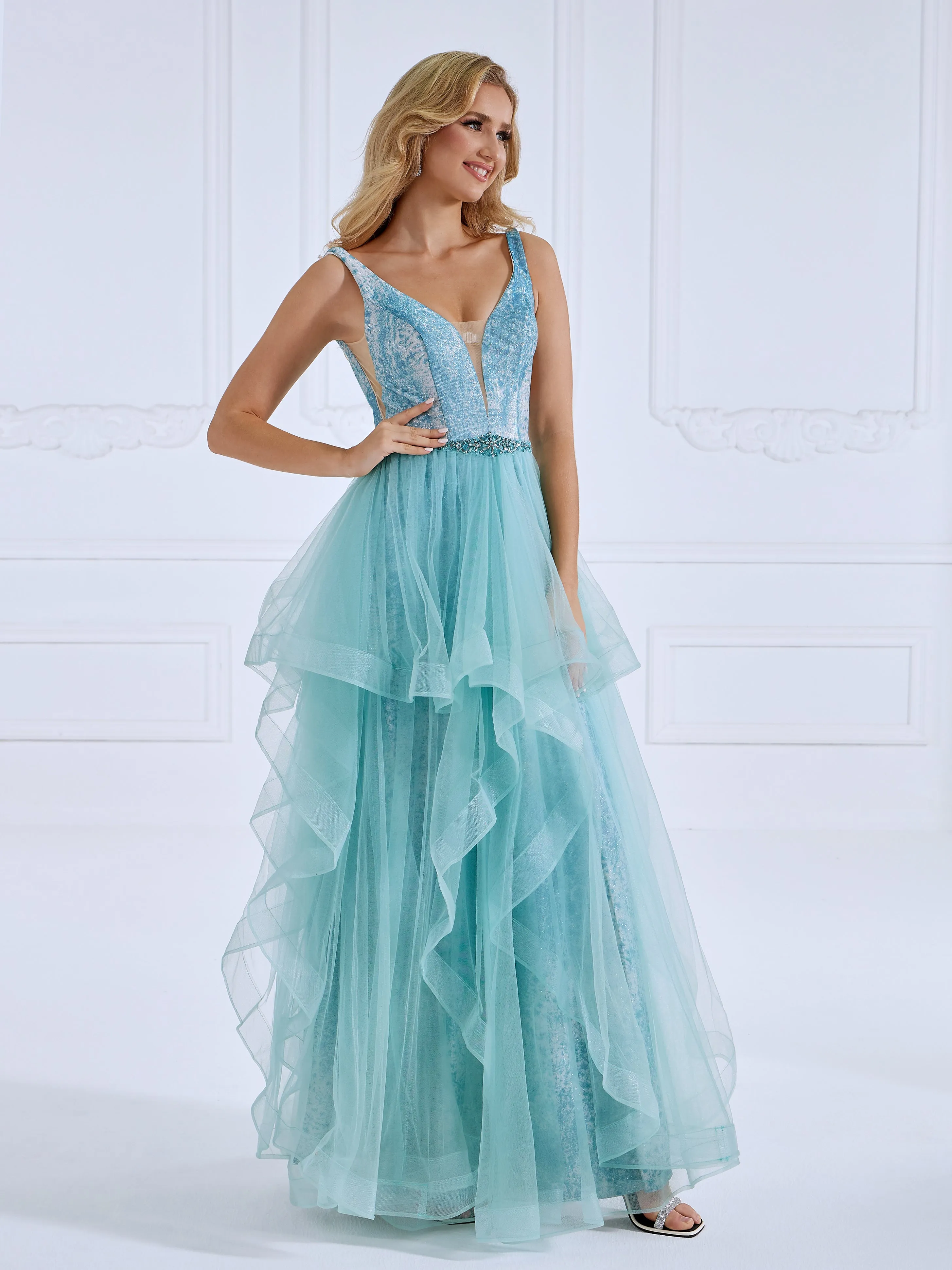 Princess A Line V Neck Floor Length Tulle Prom Dresses #LT025