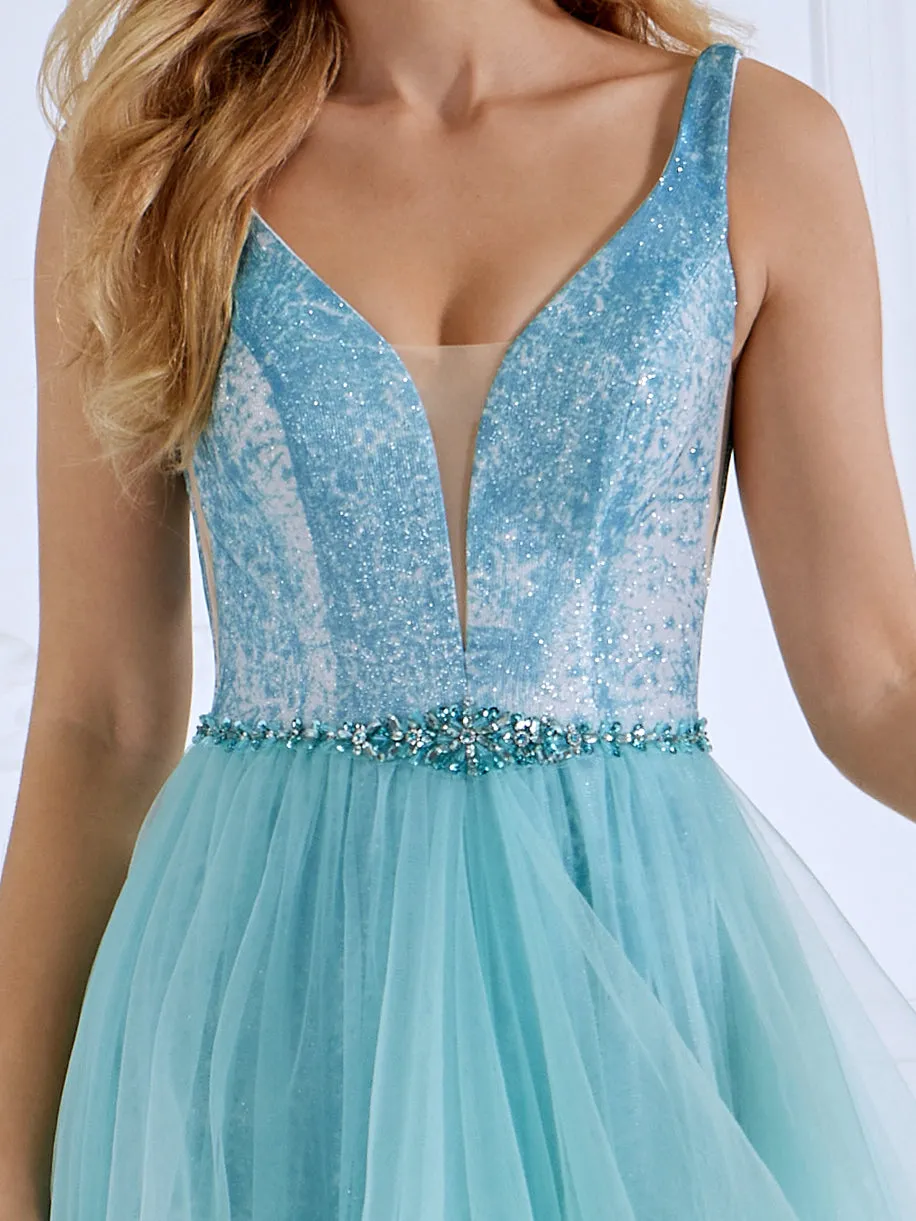 Princess A Line V Neck Floor Length Tulle Prom Dresses #LT025