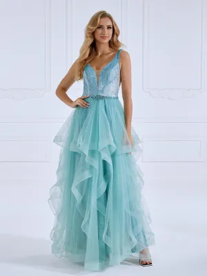 Princess A Line V Neck Floor Length Tulle Prom Dresses #LT025