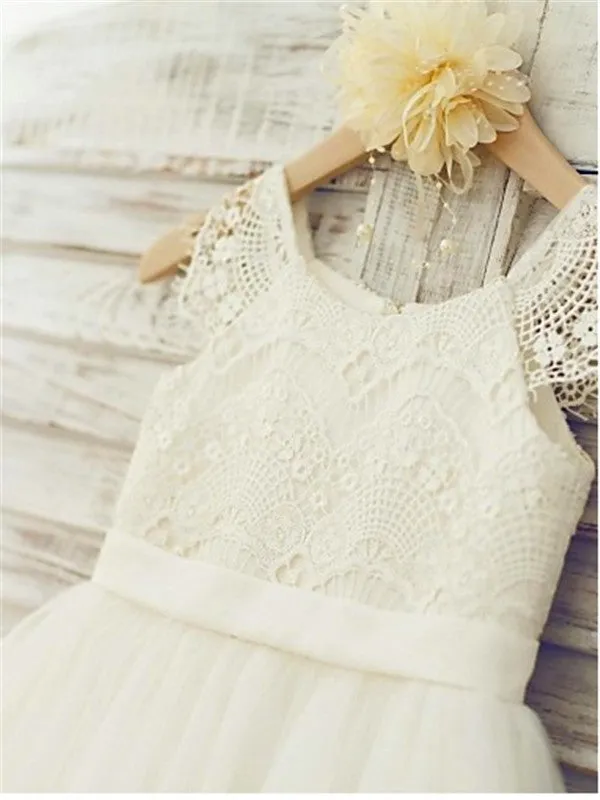 Princess Ivory A-line Scoop Sleeveless Floor-Length Lace Flower Girl Dress OK714