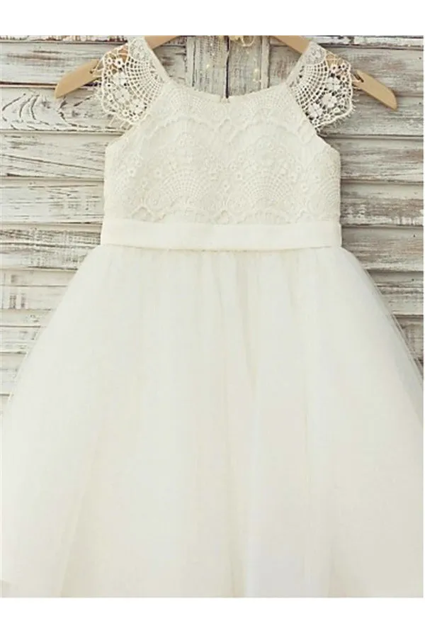 Princess Ivory A-line Scoop Sleeveless Floor-Length Lace Flower Girl Dress OK714