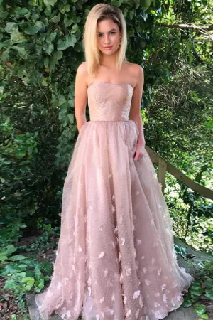 Princess Strapless A-Line Dusty Pink Long Formal Prom Dress Evening Dress OK895