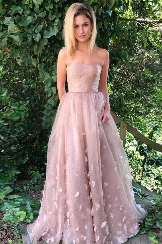 Princess Strapless A-Line Dusty Pink Long Formal Prom Dress Evening Dress OK895