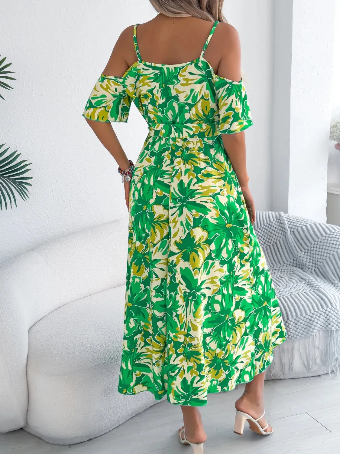 Printed Cold Shoulder Midi Cami Dress