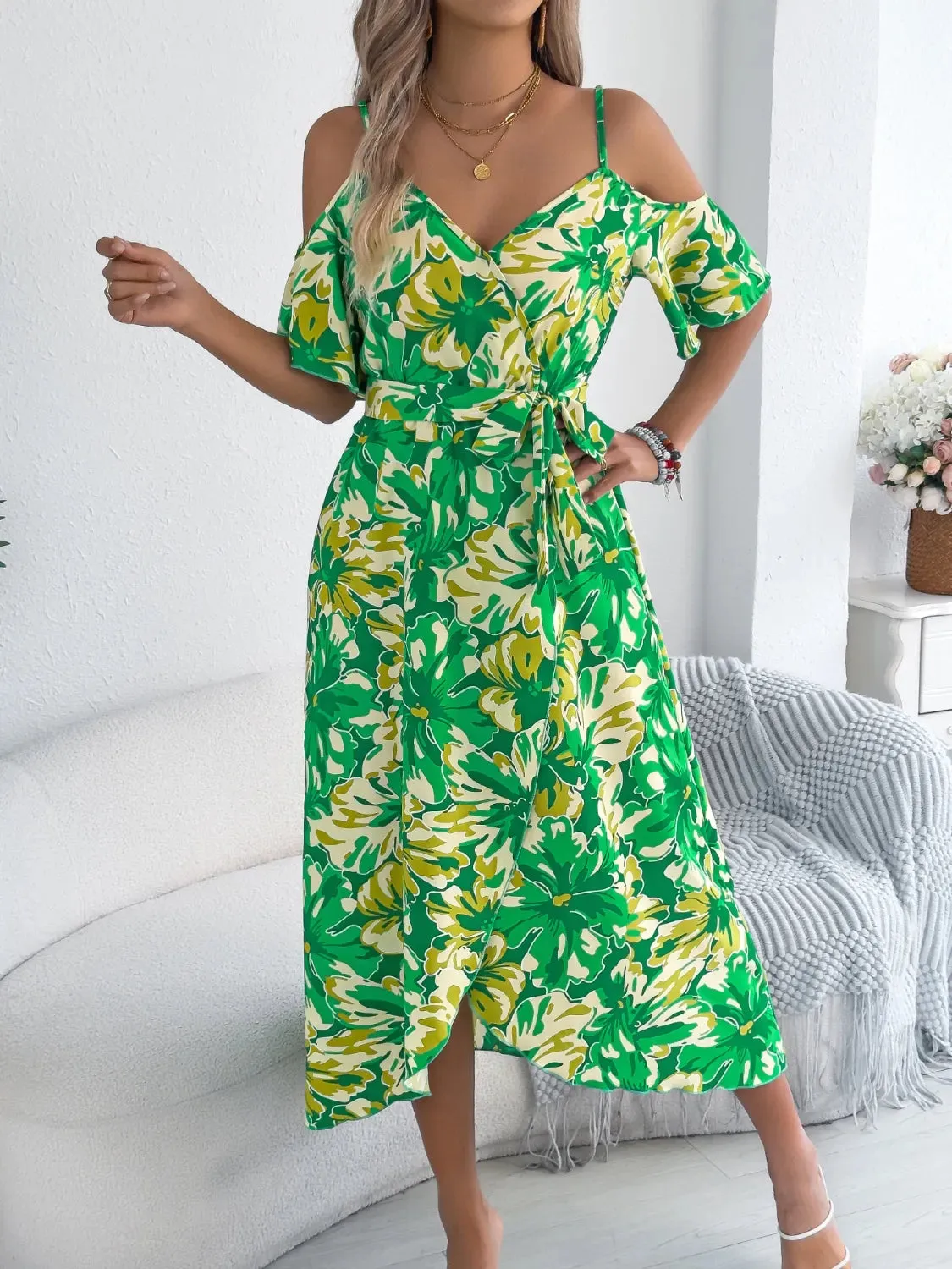 Printed Cold Shoulder Midi Cami Dress