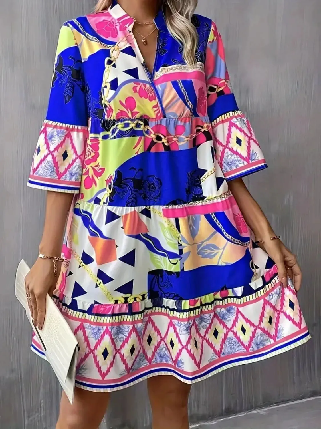 Printed Notched 3/4 Sleeve Tiered Dress