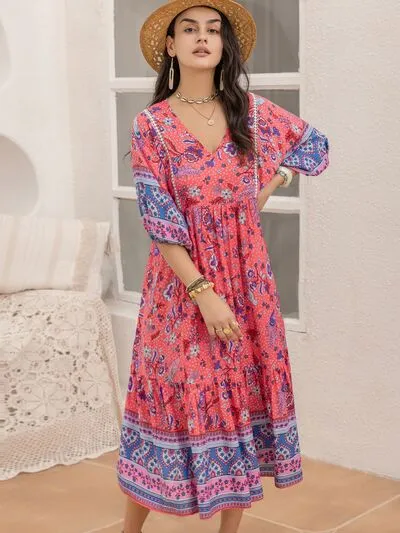 Printed Puff Sleeve Midi Dress