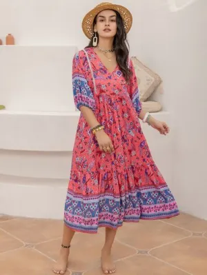 Printed Puff Sleeve Midi Dress
