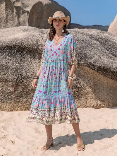Printed Puff Sleeve Ruched Midi Dress