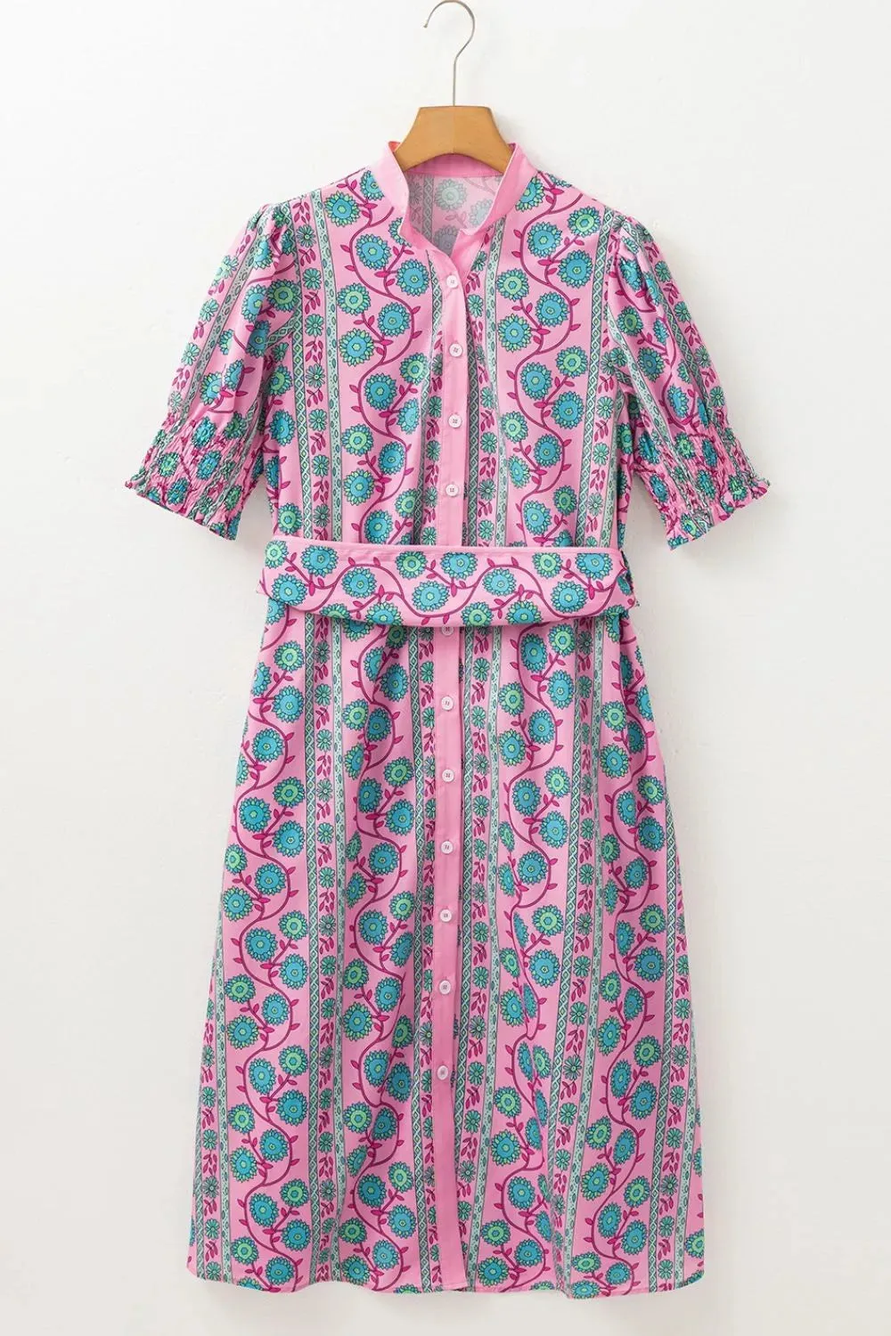 Printed Shirred Sleeve Buttoned Front Midi Dress with Sash