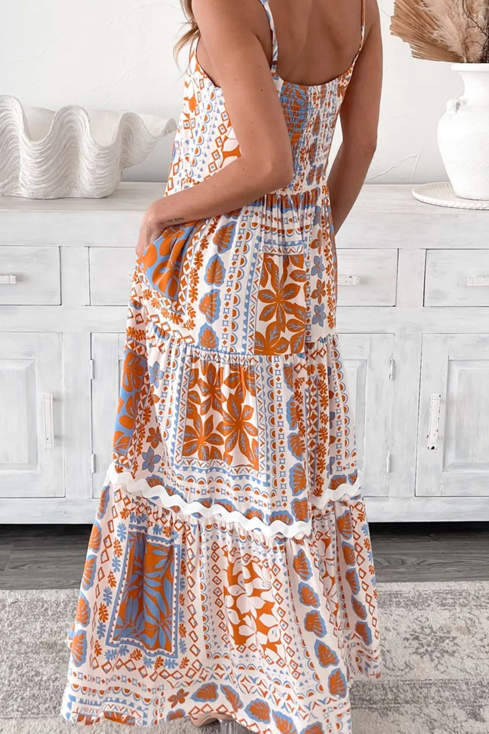 Printed Smocked Back Ricrac Trim Cami Dress