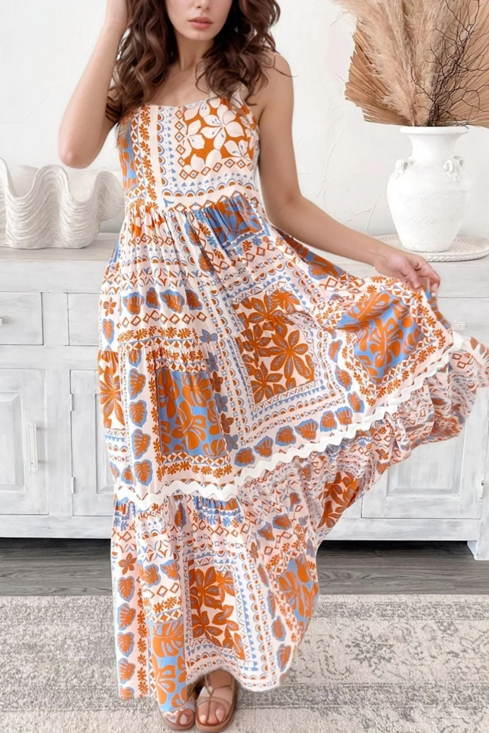 Printed Smocked Back Ricrac Trim Cami Dress