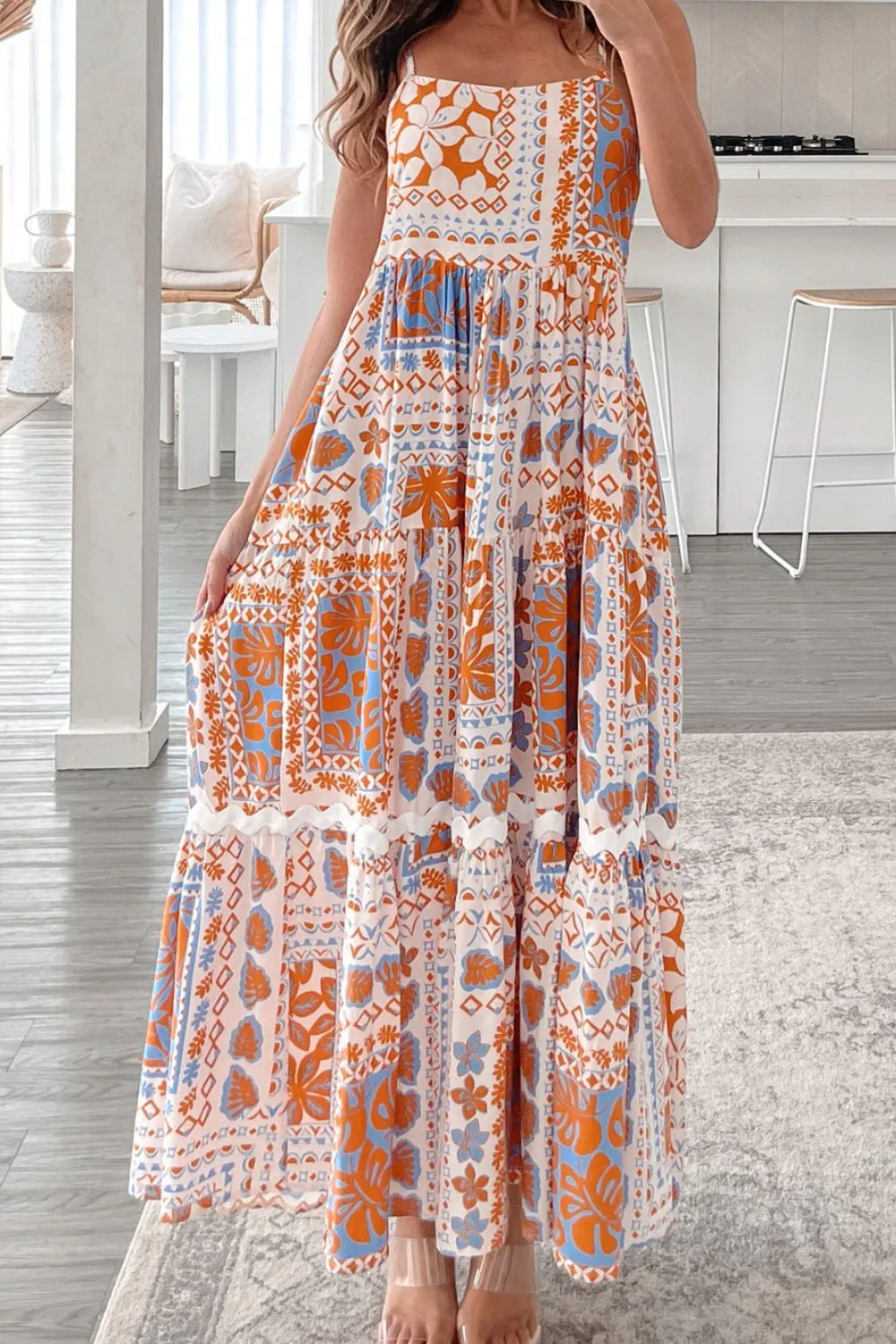 Printed Smocked Back Ricrac Trim Cami Dress