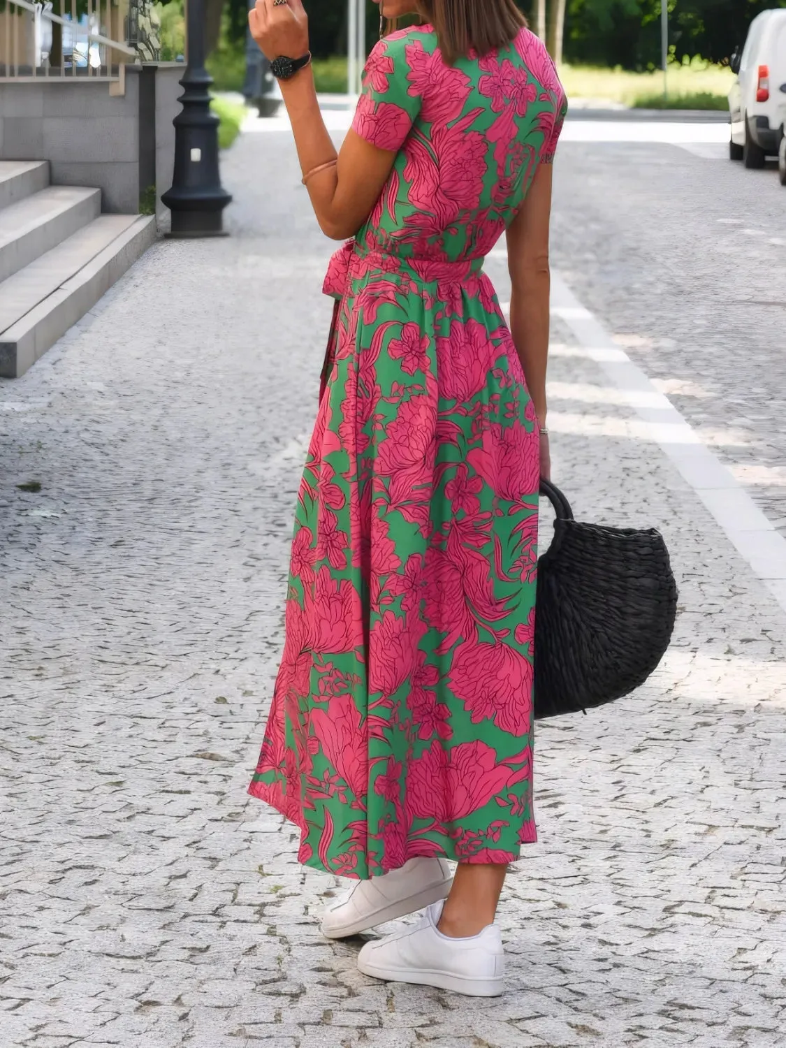 Printed Surplice Short Sleeve Dress S-L
