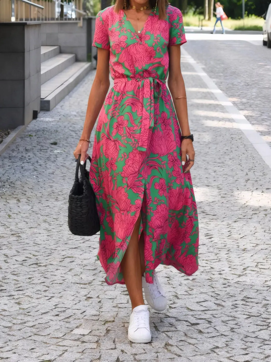 Printed Surplice Short Sleeve Dress S-L