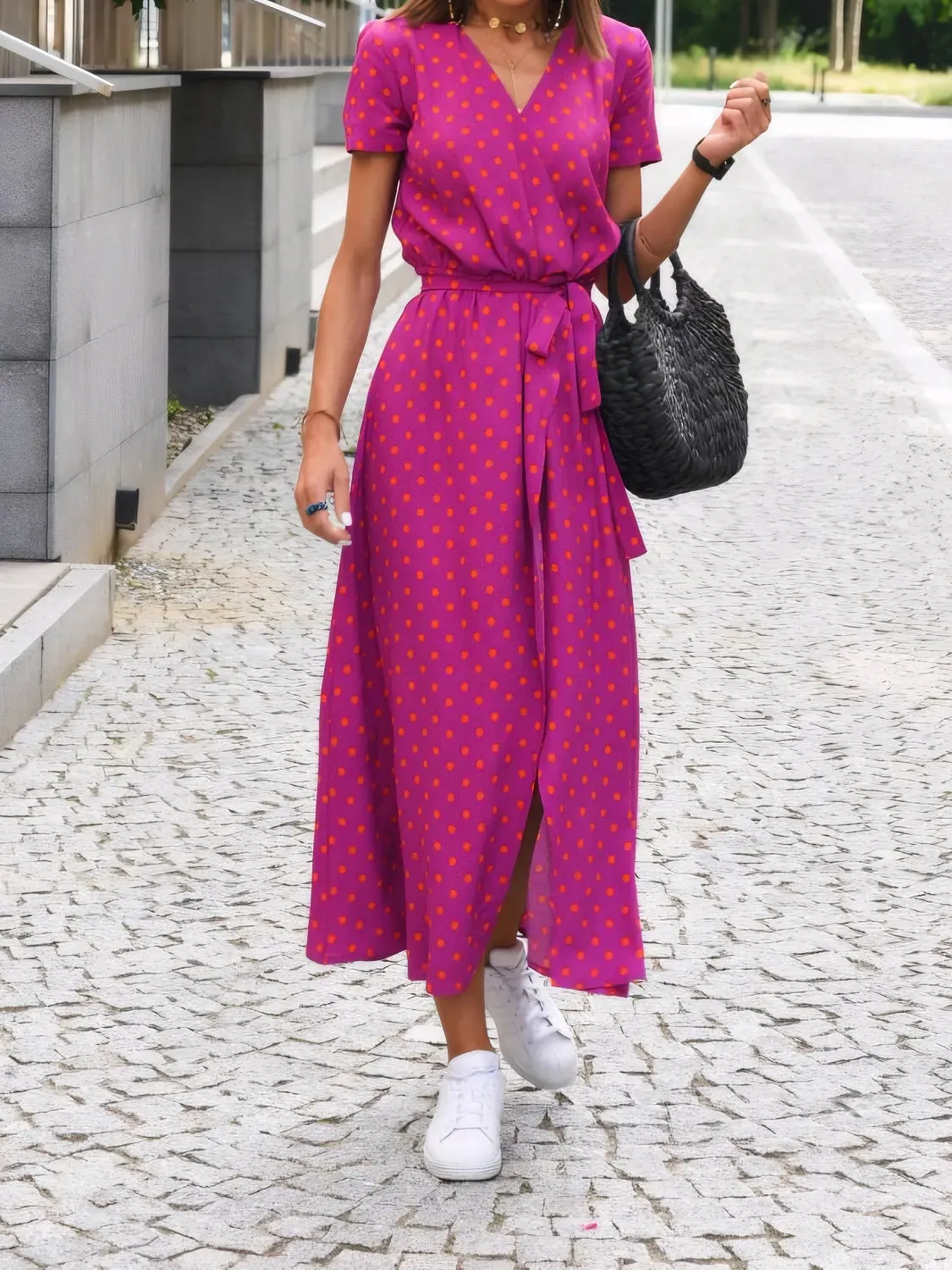 Printed Surplice Short Sleeve Dress S-L