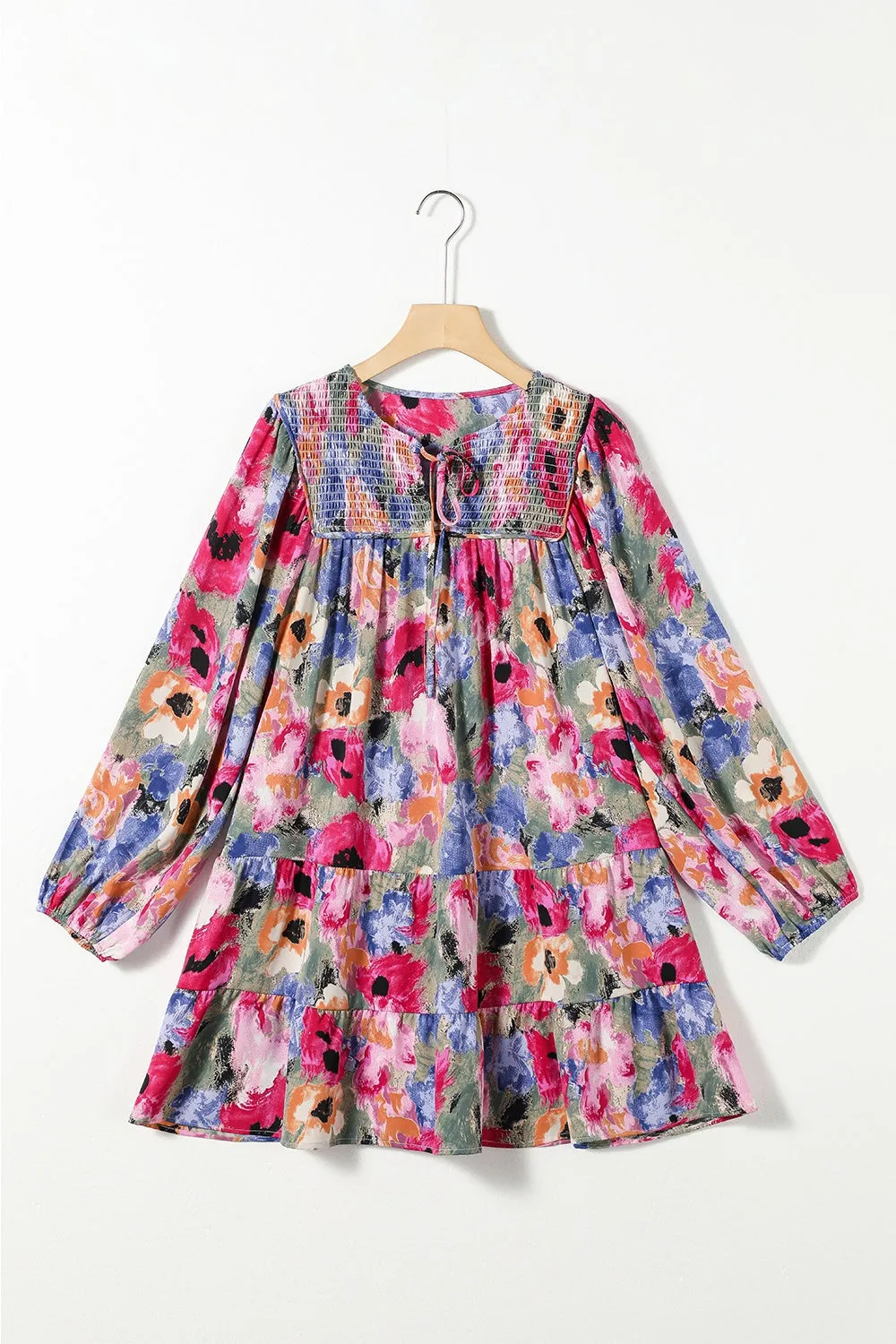 Printed Tie Neck Long Sleeve Mini Dress