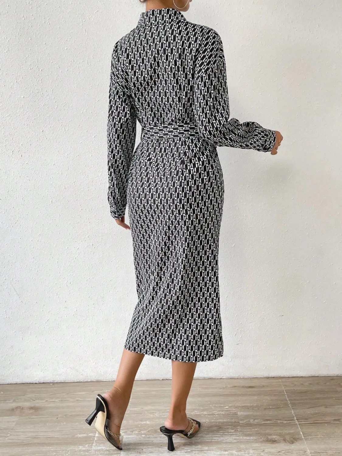 Printed Tie Waist Long Sleeve Midi Shirt Dress