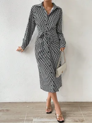 Printed Tie Waist Long Sleeve Midi Shirt Dress