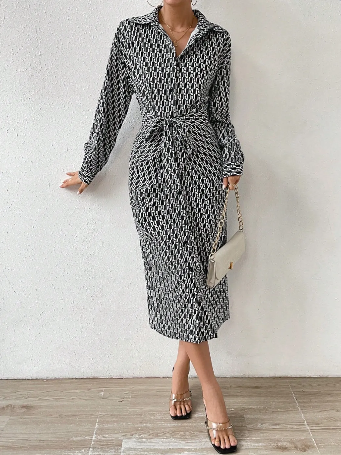Printed Tie Waist Long Sleeve Midi Shirt Dress