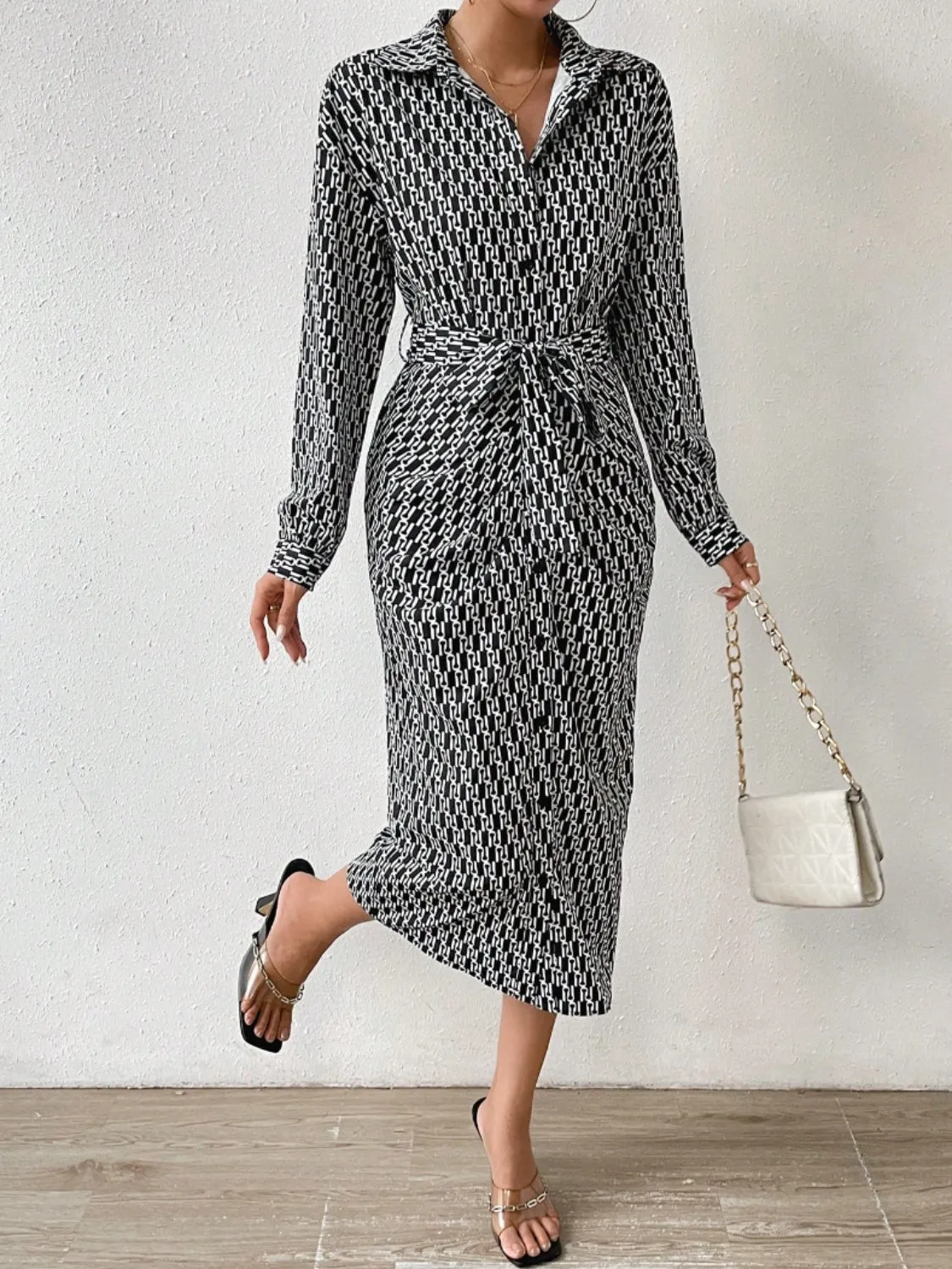 Printed Tie Waist Long Sleeve Midi Shirt Dress
