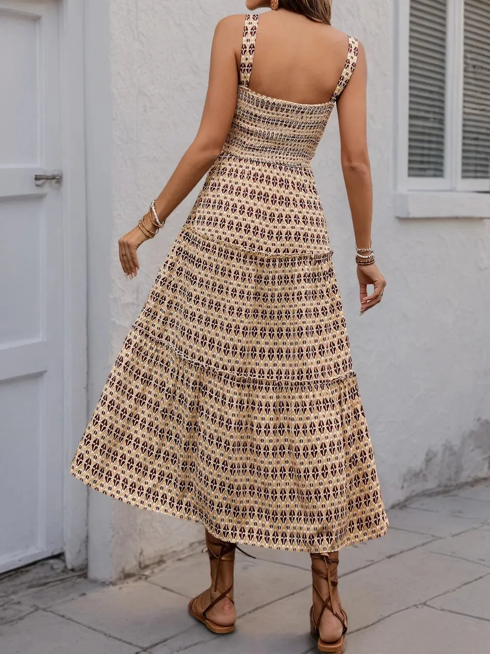 Printed Tiered Wide Strap Midi Dress