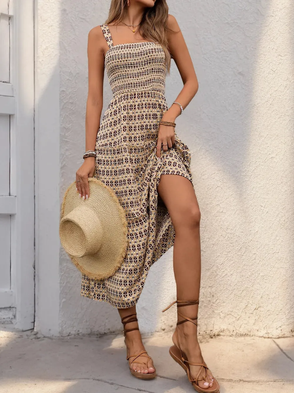 Printed Tiered Wide Strap Midi Dress