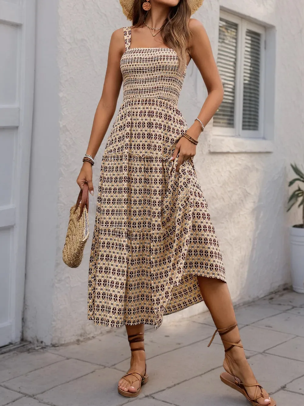 Printed Tiered Wide Strap Midi Dress