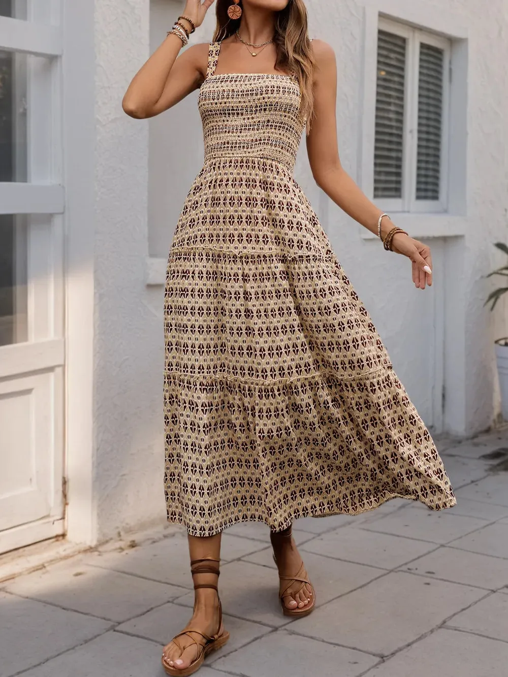 Printed Tiered Wide Strap Midi Dress