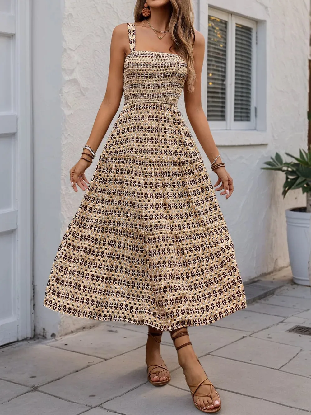 Printed Tiered Wide Strap Midi Dress