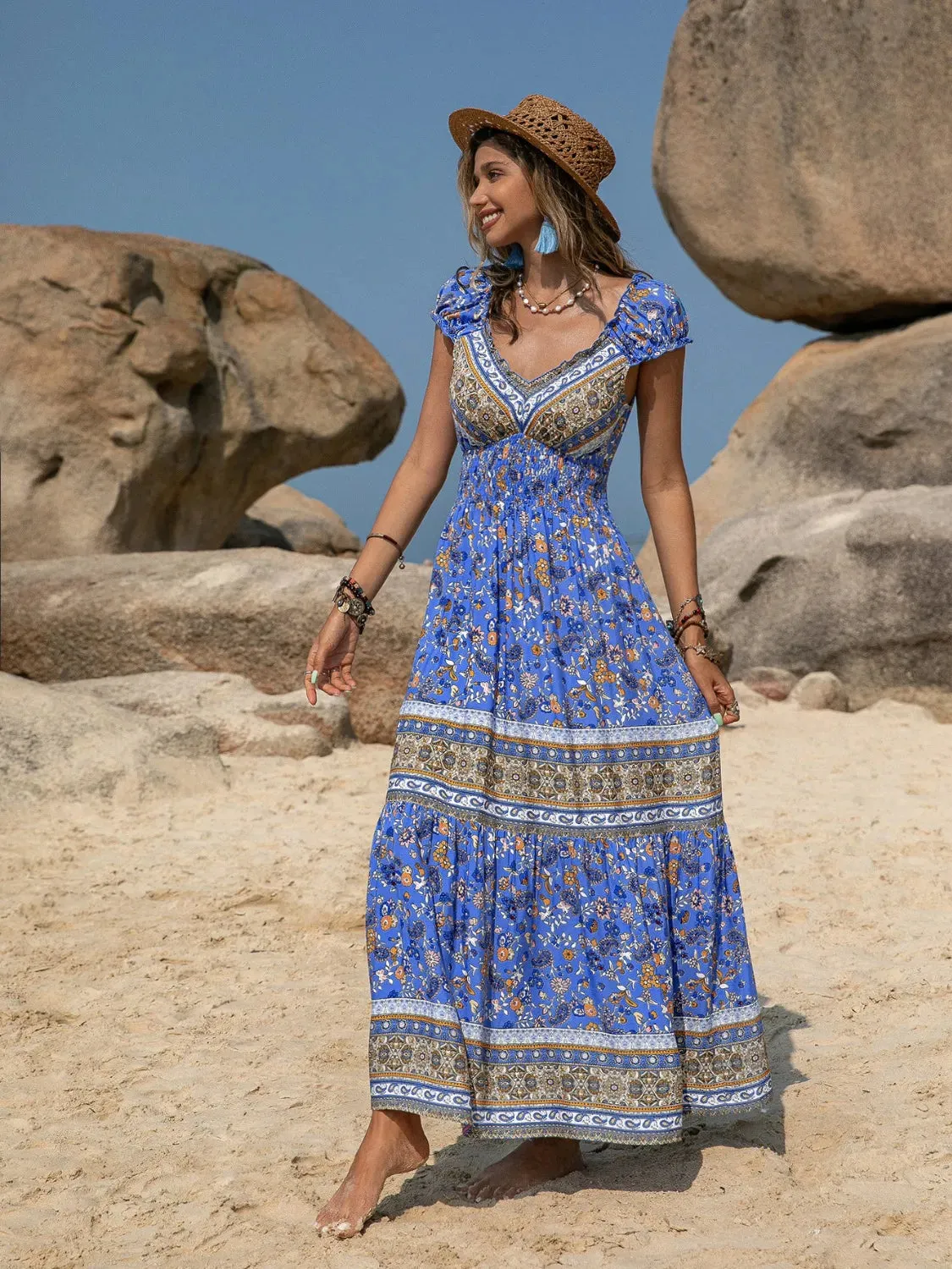 Printed V-Neck Cap Sleeve Midi Dress