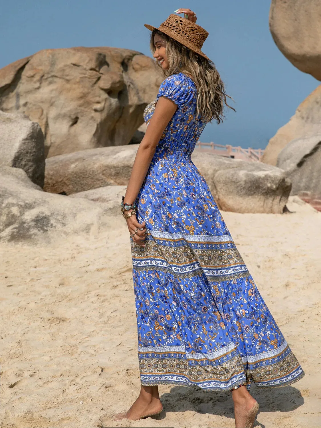 Printed V-Neck Cap Sleeve Midi Dress