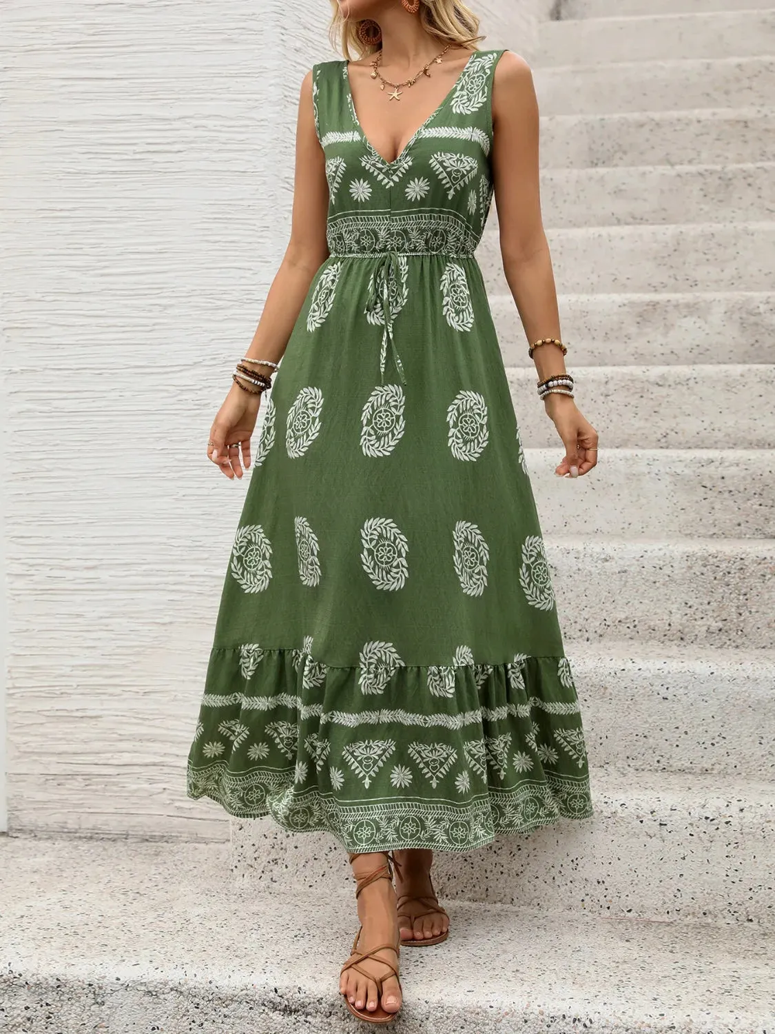 Printed V-Neck Sleeveless Dress