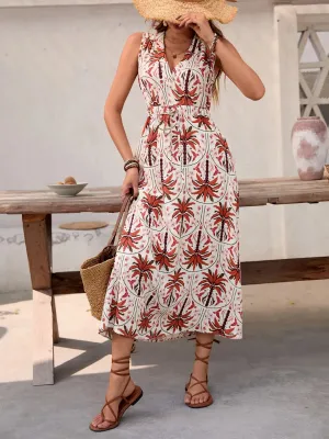 Printed V-Neck Sleeveless Midi Dress