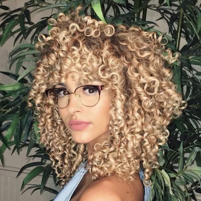 Professionally Design Human Hair Look and Feel Synthetic Short Curly Kinky Afro Wigs with Bangs