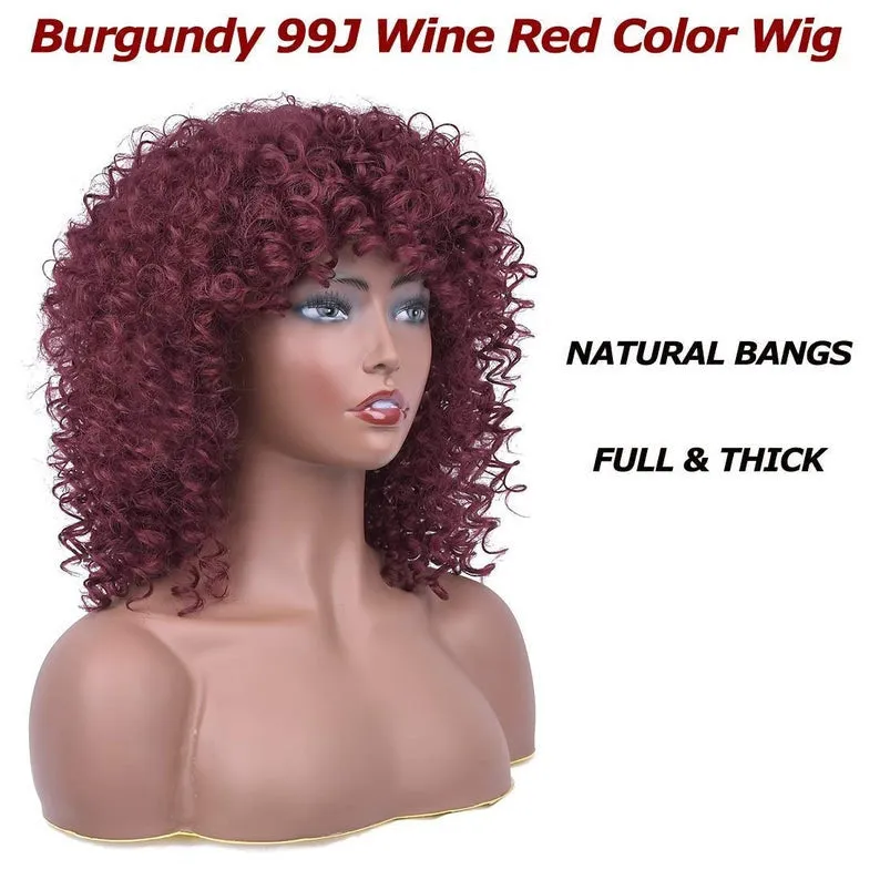 Professionally Design Human Hair Look and Feel Synthetic Short Curly Kinky Afro Wigs with Bangs