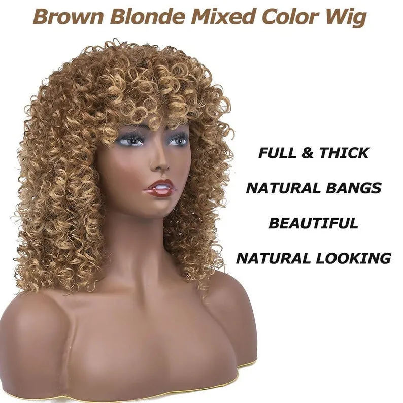 Professionally Design Human Hair Look and Feel Synthetic Short Curly Kinky Afro Wigs with Bangs