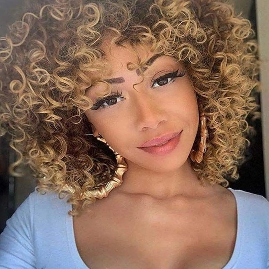 Professionally Design Human Hair Look and Feel Synthetic Short Curly Kinky Afro Wigs with Bangs