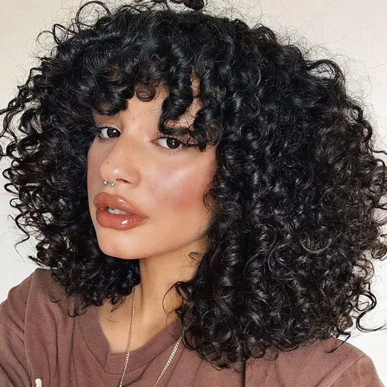 Professionally Design Human Hair Look and Feel Synthetic Short Curly Kinky Afro Wigs with Bangs