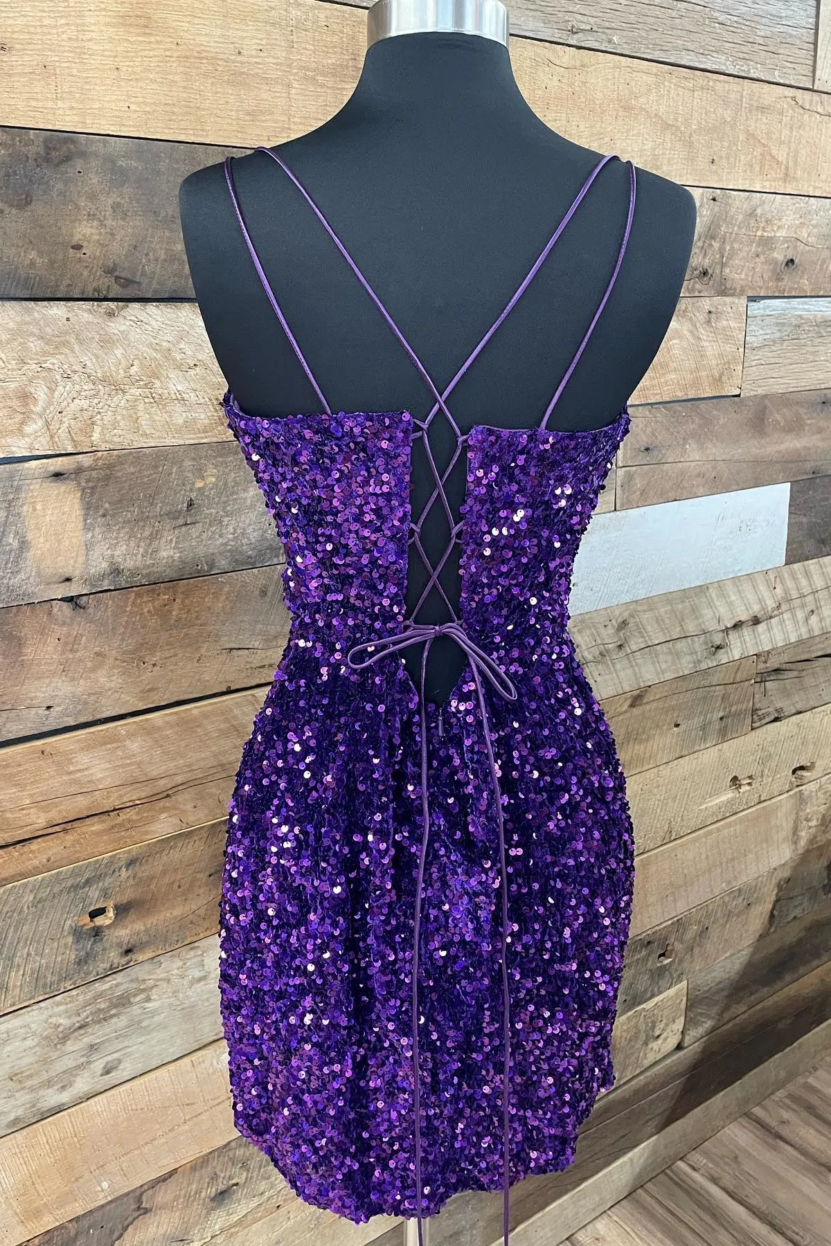 Purple Sequin Straps Tight Mini Party Dress