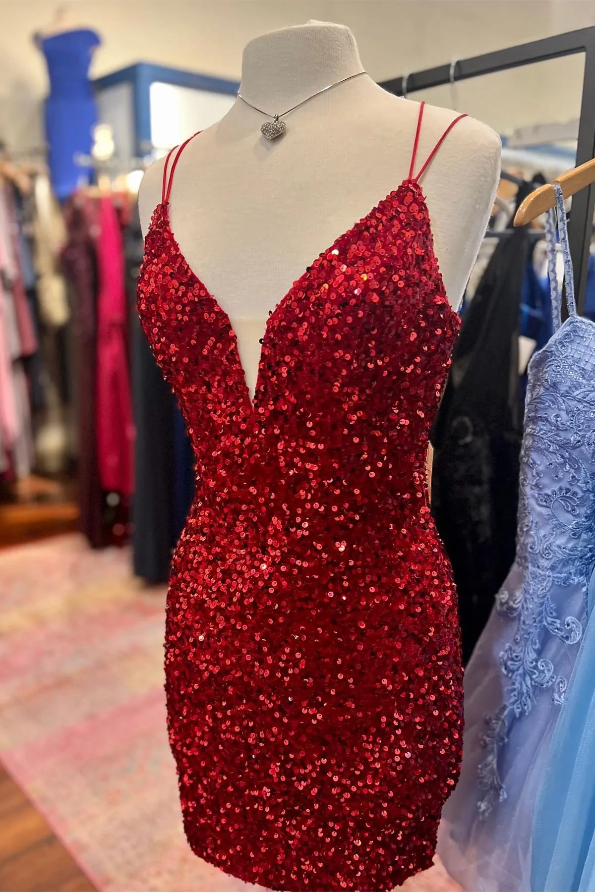 Purple Sequin Straps Tight Mini Party Dress