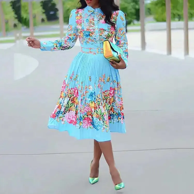 "Elegance in Motion – High-Waisted Pleated Dresses with Sleek Long Sleeves"