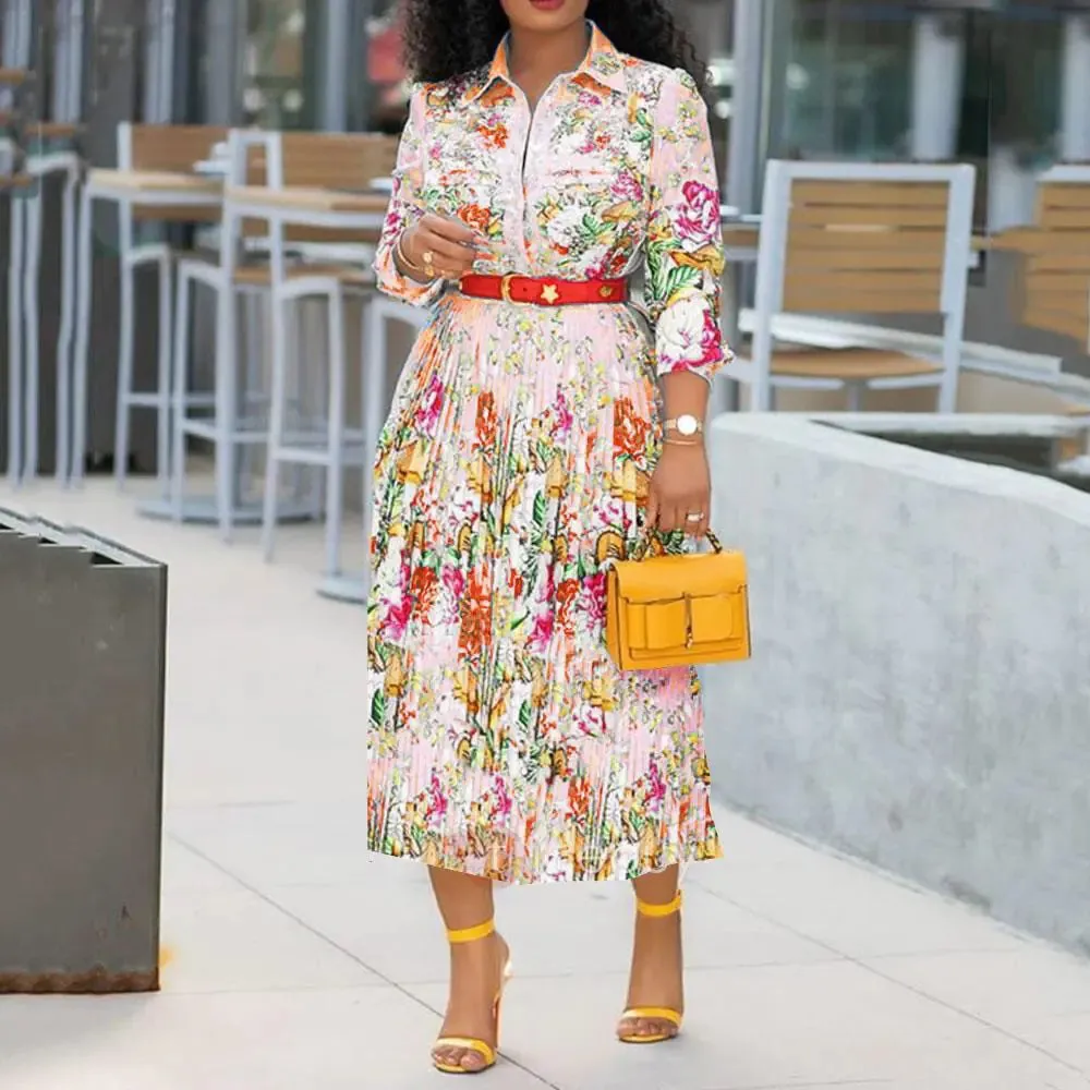 "Elegance in Motion – High-Waisted Pleated Dresses with Sleek Long Sleeves"