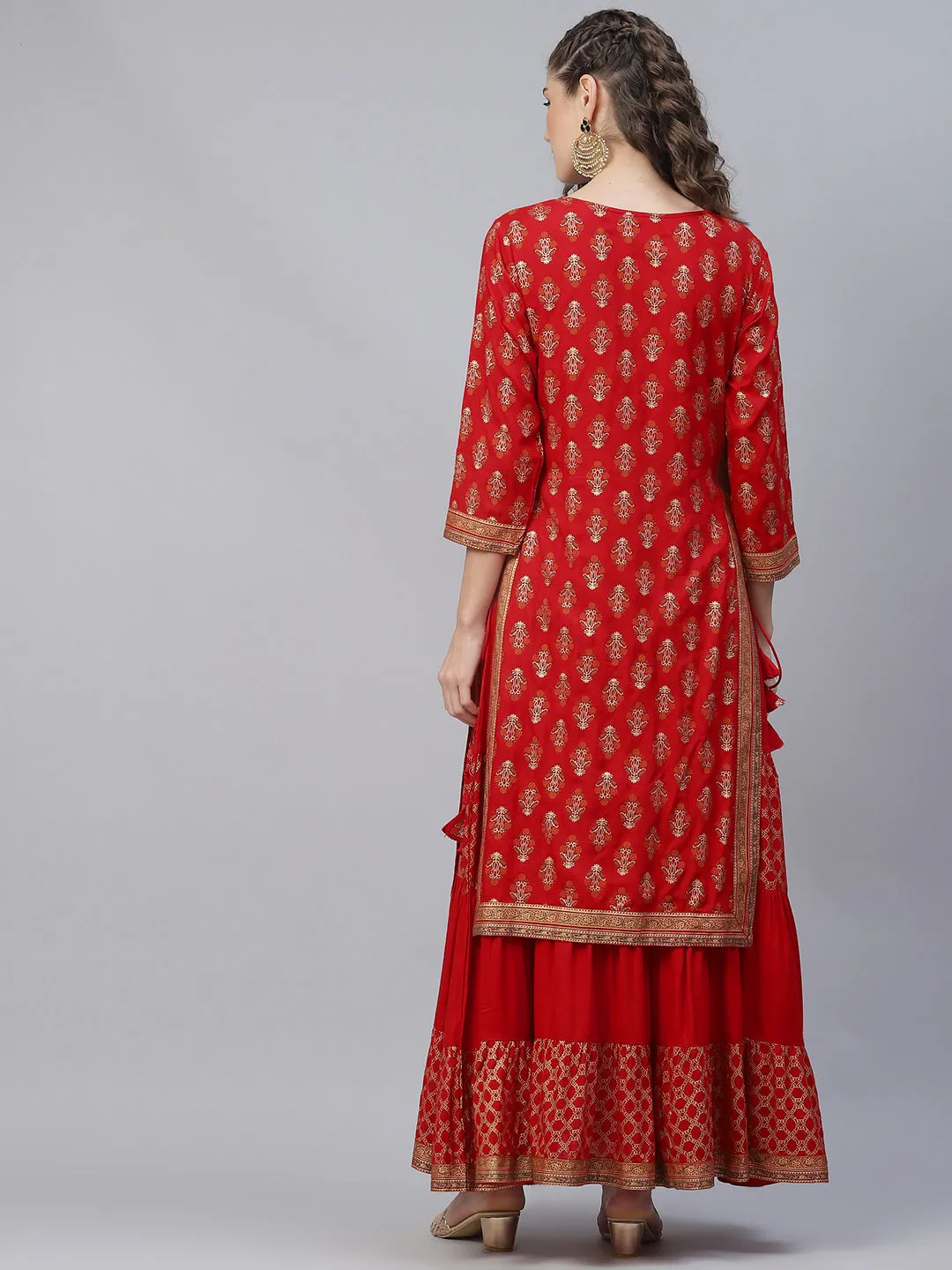 Red Khari Print Double Layered Maxi Dress