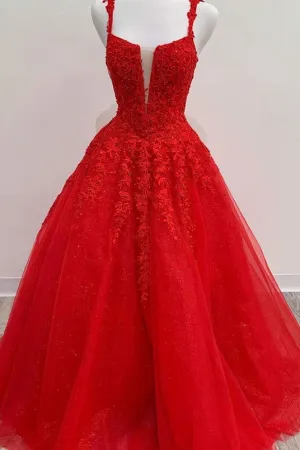 Red Tulle Lace Appliques Long Prom Dress A Line Formal Evening Dress OK1248