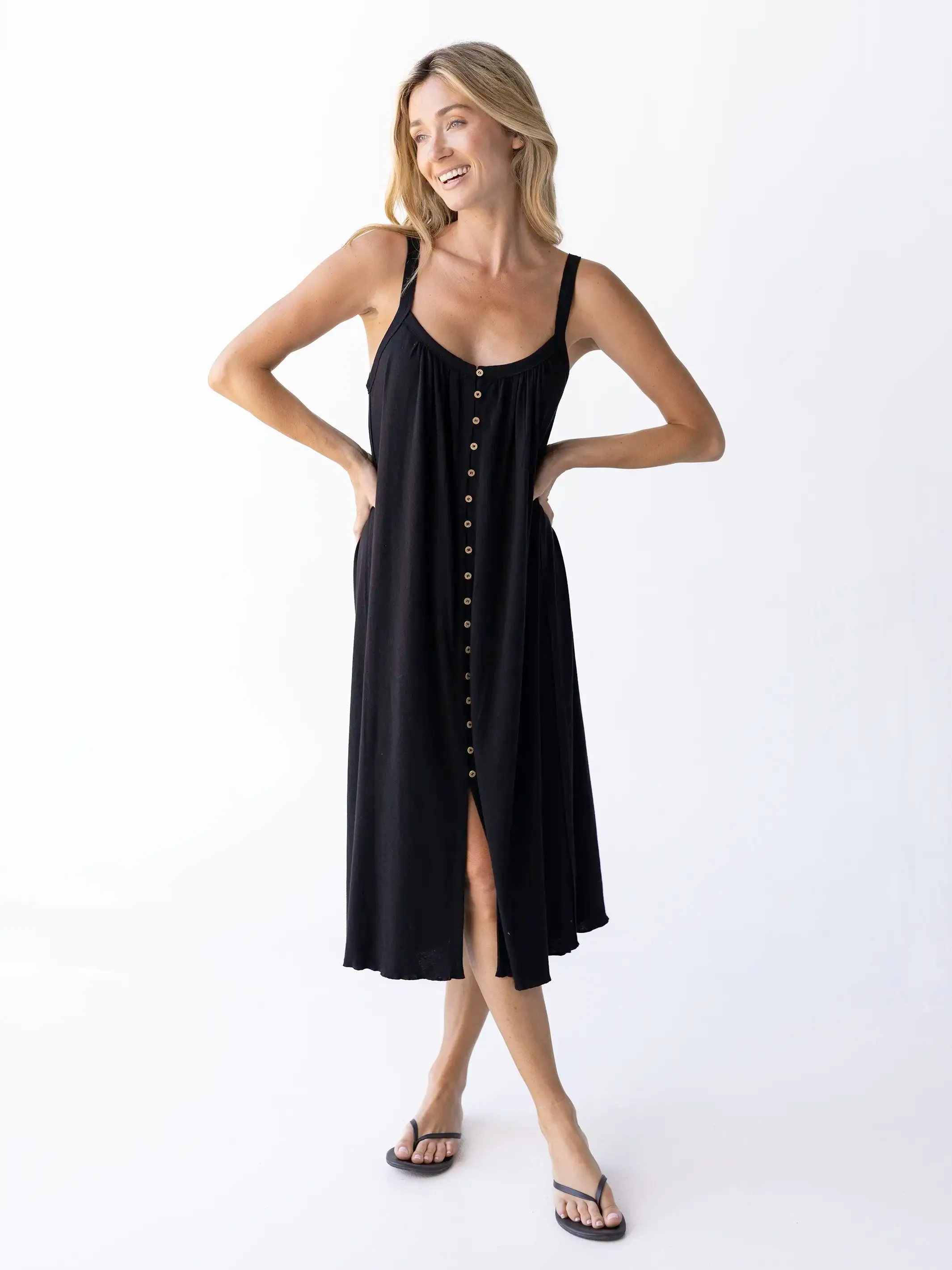 Relaxed Button Down Midi Dress - Black